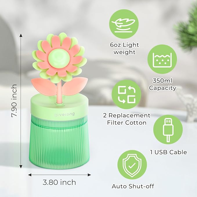 Cute Flower Mini Humidifier, 260ml Sunflower Desktop Humidifiers for Bedroom, Portable Small Cool Mist Humidification for Home, Baby Nursery, Office & Indoor Plants, USB Powered (Green) - Image 7
