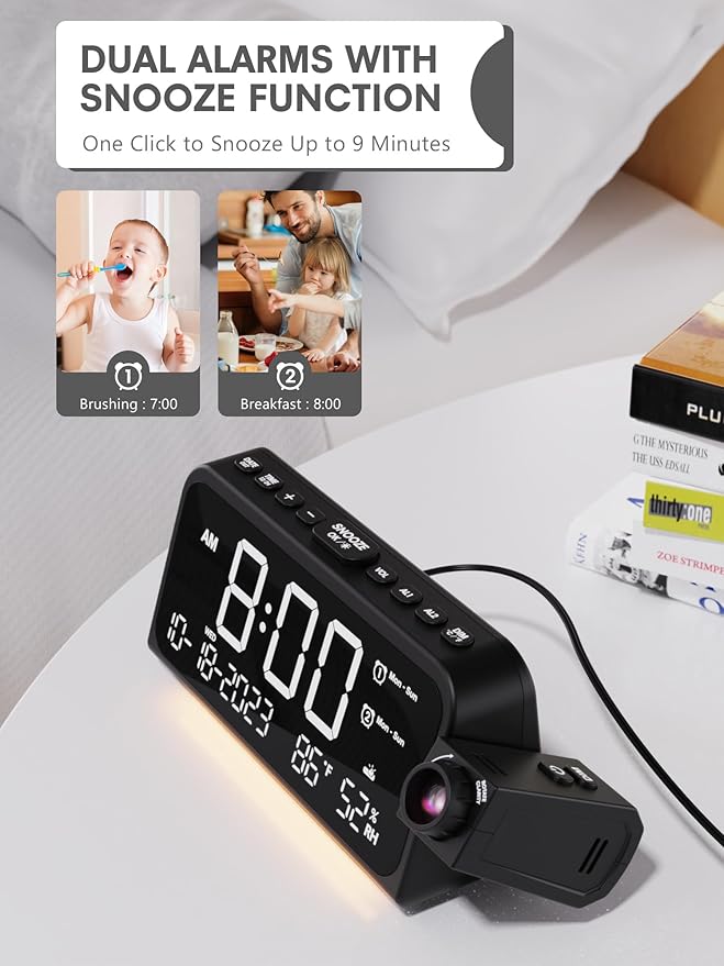 Mesqool Projection Alarm Clock for Bedroom, Digital Clock with Projection on Ceiling with Night Light, Date, Temperature, Humidity, Type-C USB Charger, Snooze, Dual Alarms, Dimmer,12/24H - Image 8