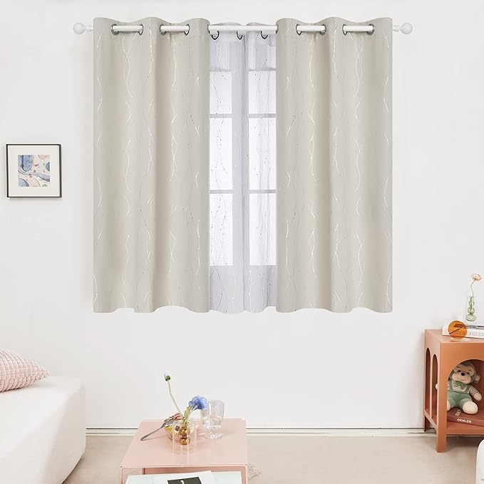 Deconovo Room Darkening Curtains, Light Beige Curtain, Thermal Insulated Noise Reducing Drapes, Silver Wave Dots Print, 42 x 54 Inch Long, Machine Washable Window Panels for Kitchen Nursery, Set of 2 - Image 2