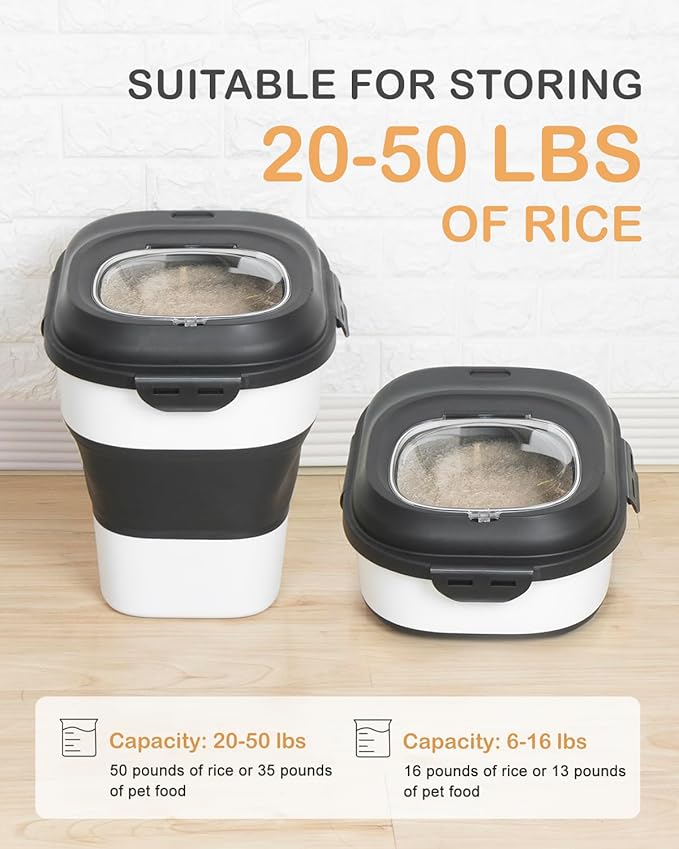 20-50 Lbs Food Storage Containers,Collapsible Rice Container with Wheel Airtight Locking Lid,Flour Storage Container with Small Food Container and Scoop,Suitable for Food,Rice,Pet Food,Flour - Image 2