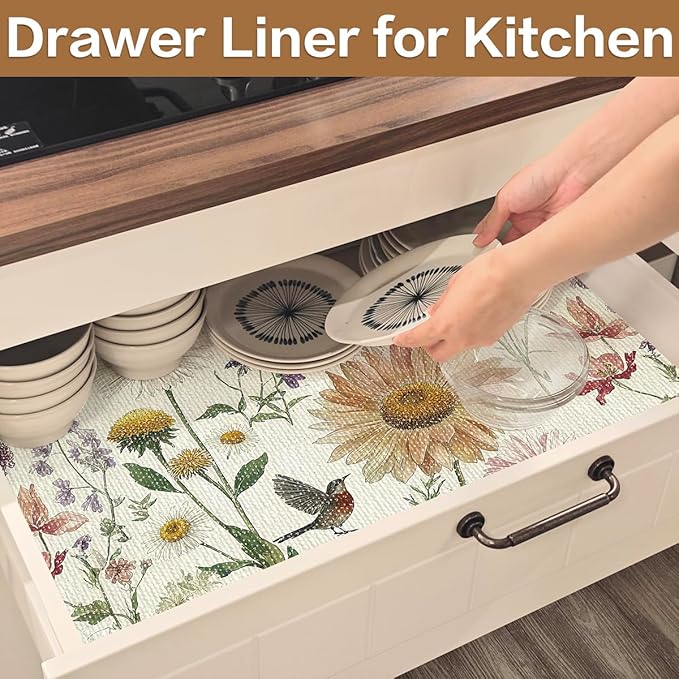 Floral Drawer and Shelf Liner for Kitchen Cabinets Non-Adhesive Drawer Liner Non-Slip Daisy Shelf Liners Strong Grip Waterproof Easy to Clean Cabinet Liners for Dresser Cupboard 12IN × 10FT - Image 9
