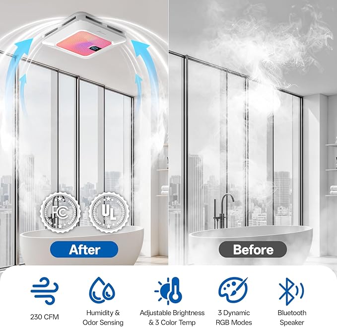 Smart Bathroom Exhaust Fan with Bluetooth Speaker, 230 CFM 1.0 Sone Exhaust Fan with Humidity & Odor Sensor, Remote/App/Voice Control, Adjustable LED Lighting & Dynamic RGB Mood Light (Pink) - Image 4