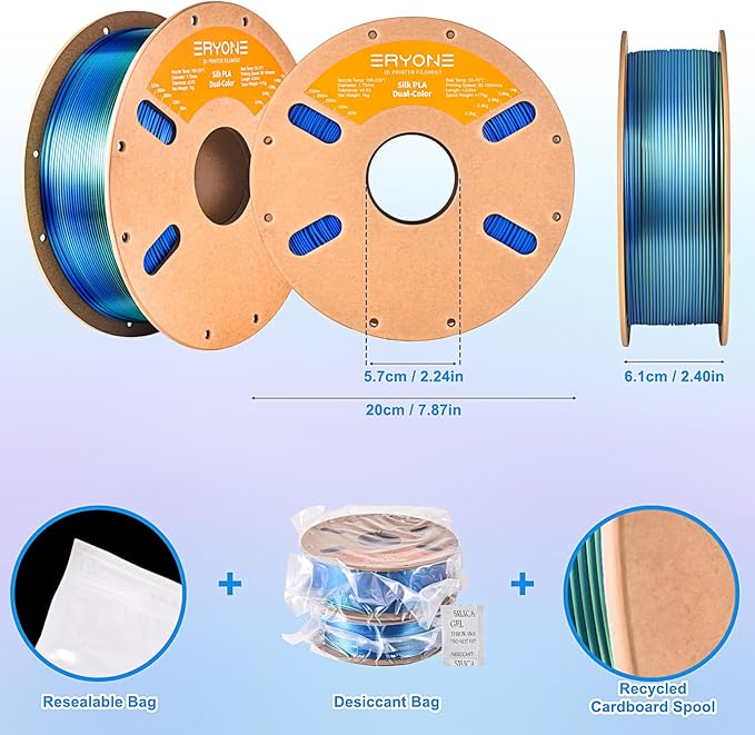 ERYONE Silk Dual Color PLA Filament 3D Printer 1.75mm +/- 0.03mm, Bicolor Filament Two Tone PLA Bundle 2KG Cardboard Spool, Blue Green - Image 6