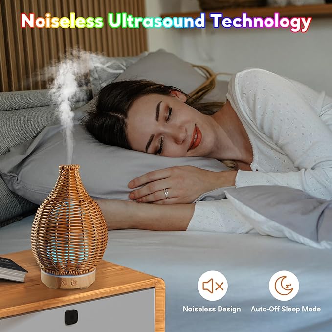 Boho Essential Oil Diffuser for Home Rattan Weaving with Remote Control, 100mL 7 Changing Color Lights Ultrasonic Aroma Humidifier, Noiseless Auto-Off Sleep Mode for Bedroom Office Workout - Image 3