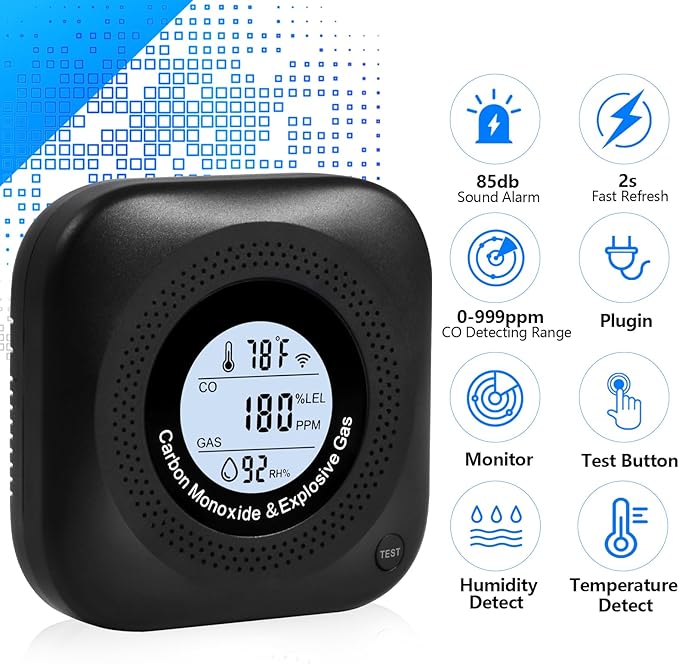 Carbon Monoxide Detectors, 4-in-1 Natural Gas Leak Detector, Portable Carbon Monoxide Detector, Plug in Wall CO Alarms with AC Socket and Temperature & Humidity Monitoring for RV, Home, Hotel (Black) - Image 3