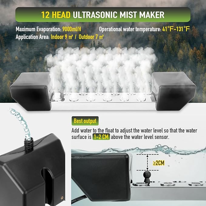Ultrasonic Fogger Mist Maker 12 Head (9000ml/H) with 400W Waterproof Power Supply & Floats, Ultrasonic Humidifier Ideal for Pond, Vegetable Preservation, Landscape, Lawn, Halloween - Image 2