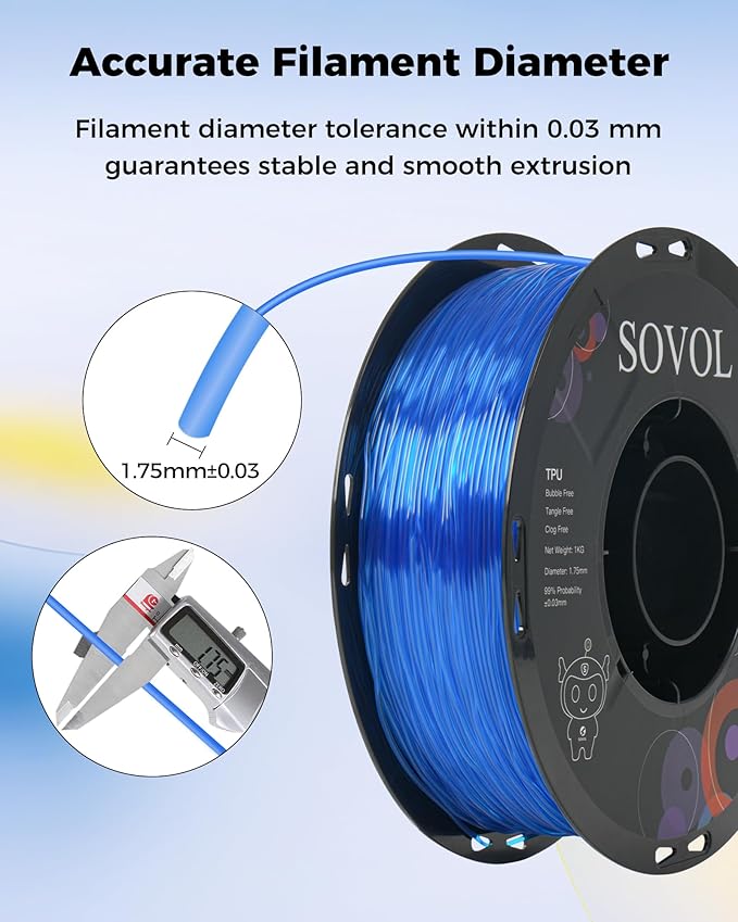 Sovol TPU Filament 1.75mm, 95A Soft TPU Flexible 3D Printer Filament with High Elasticity, 1kg (2.2lbs), Dimensional Accuracy +/- 0.03 mm, Fit Most FDM Printer, Clear Blue - Image 5