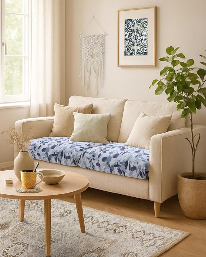 Fuloon Sofa Cushion Covers, Stretch Printed Seat Cushion Cover Couch Seat Slipcovers Washable Furniture Protector for Armchair Loveseat Sofa (Floral White-Blue, 2 PCS) - Image 5