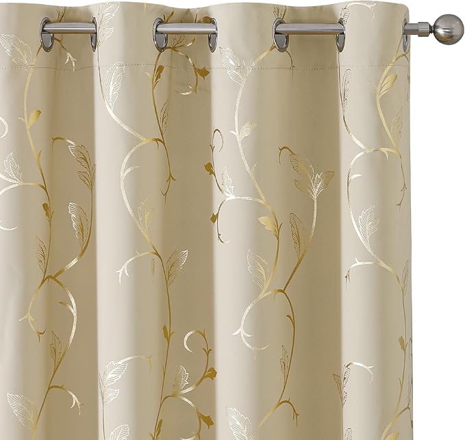 BUHUA Blackout Curtains Gold Foil Print Flower Vine Grommet Drapes, Room Darkening Thermal Insulated Curtains, Noise Reducing Curtain for Bedroom, Beige, 52Wx45L, 2 Panels by BUHUA