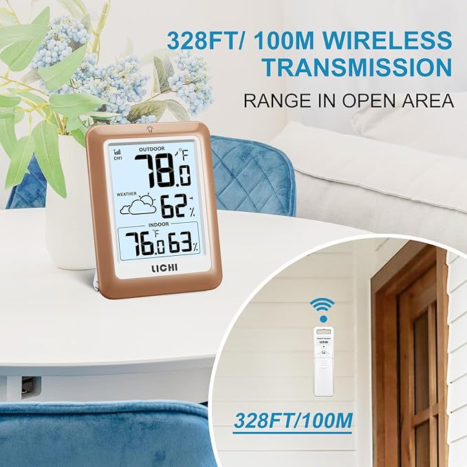 Indoor Outdoor Thermometer Wireless Weather Station, Internal External Thermometer Hygrometer, Home Batteryoperated Temperature Humiditymonitors330 Feet (About 100 Meters) Backlight Display (Khaki) - Image 3