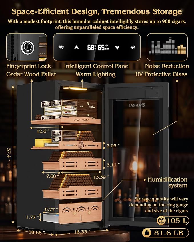Electric Cigar Humidor, 105L Cabinet up to 900 Cigars with Thermostatic & Humidistatic Control, 4 Cedar Wood Trays, LED Screen Fingerprint Safety Lock for Lounge/Home Use Cooling Fridge - Image 4
