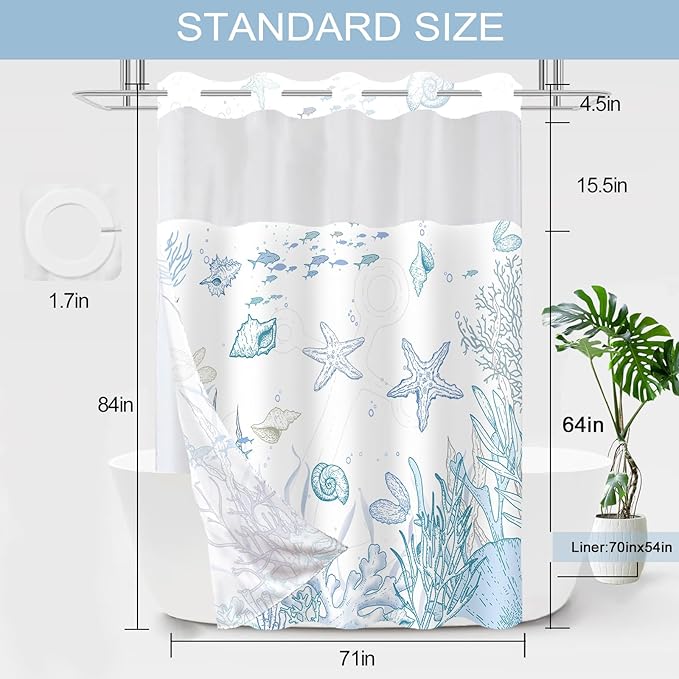 Extra Long No Hook Shower Curtain with Snap in Liner, Beach Ocean Nautical Coastal Shower Curtains and Liner Set for Bathroom, Seashell Fabric Bath Curtain, Waterproof Washable, Blue 71"x84" - Image 7