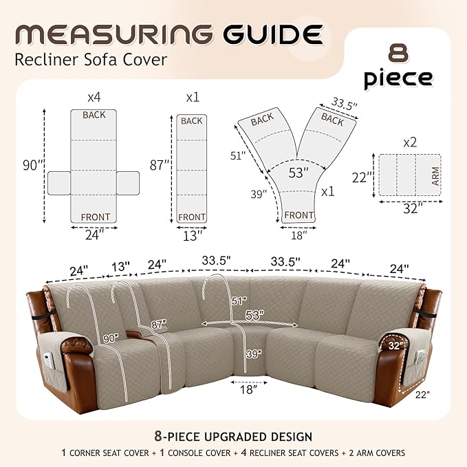 Arfntevss Waterproof Recliner Sectional Couch Covers for Reclining L Shape Sofa Cover Non Slip Washable L Shaped Slipcover Sets for Dog Furniture Protector (5 Seat with 1 Console Cover, Light Khaki) - Image 5