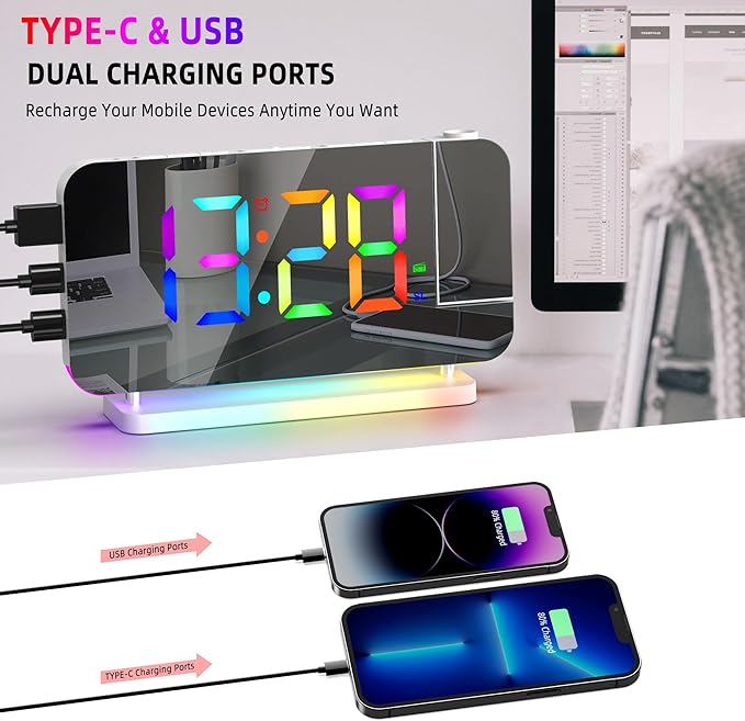 Projection Alarm Clock for Bedroom Ceiling,RGB Digital Clocks with 10 Colors RGB Night Light,Loud Alarm Clock for Heavy Sleepers,USB C Charger Port,Snooze,12/24H,Auto Dimming - Image 6
