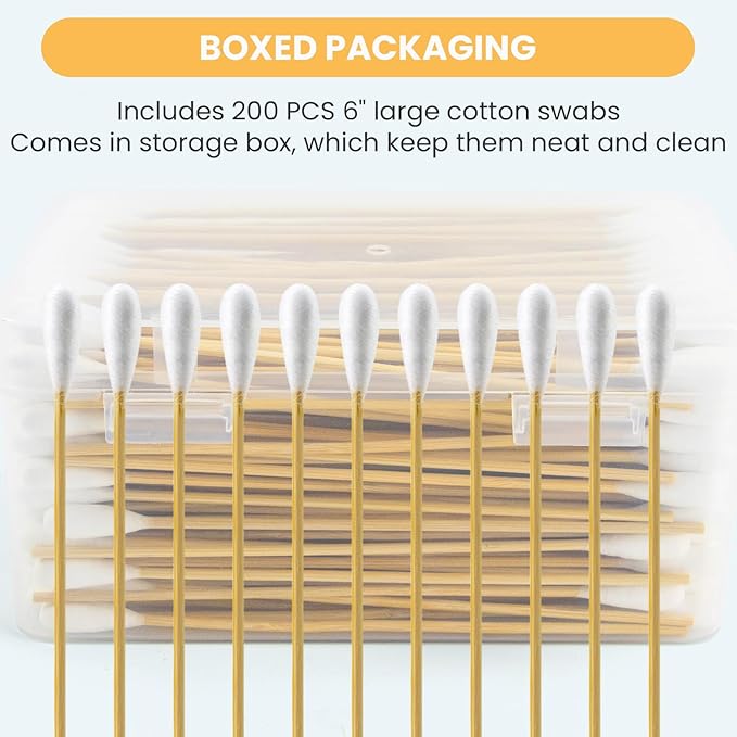 200PCS Large Cotton Swabs in Storage Box - 6 Inches Long Cotton Swab with Bamboo Handle - Soft, Lint Free, Highly Absorbent Single Tipped Applicators for Dog Care, Makeup & Home Cleaning - Image 6