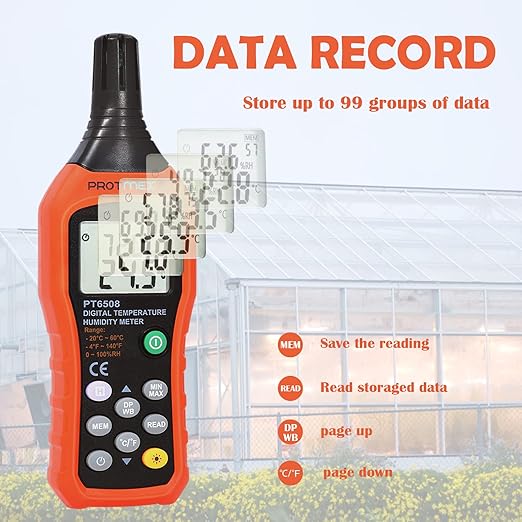 Protmex Digital Temperature Humidity Meter, Thermometer Hygrometer with Ambient Dew Point and Wet Bulb Temperature Indoor and Outdoor, Data Logger with Min/Max Hold, LCD Backlight, PT6508 - Image 3