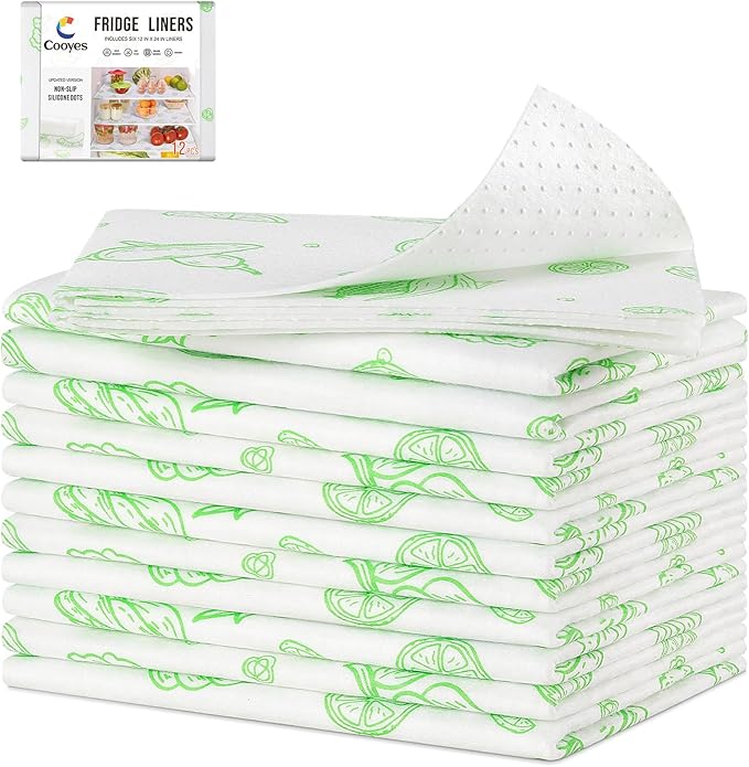 Cooyes Refrigerator Drawe Liners Super Absorbent Fridge Bin Mats Keep Produce Fresh Longer Air Circulating Non-Slip Washable Non-Adhesive (12 Pack 12" x 24" Green Veggie) by Cooyes