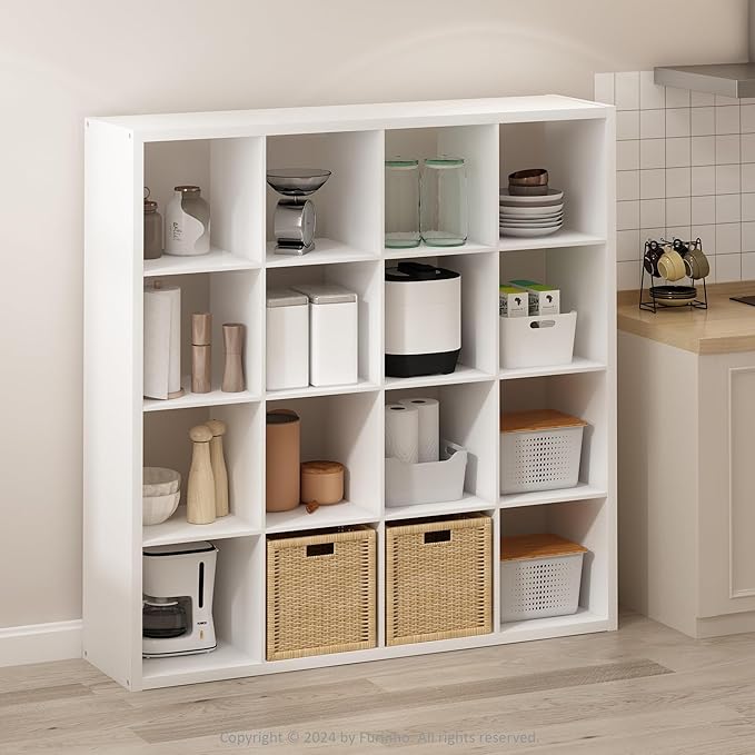 Furinno Simple Cube Storage Organizer, 16-Cube Display Shelf, Open Back Shelving Unit, Storage Shelves, Extra Thick Frame, for Organization and Storage, Living Room, Home Office, White - Image 2