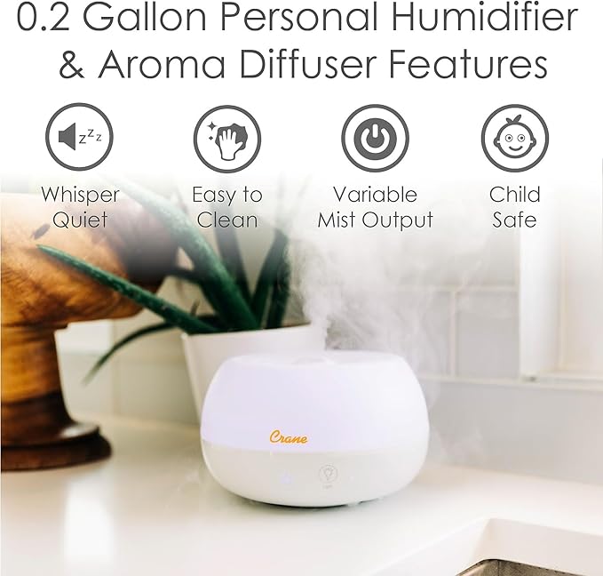 Crane Portable Ultrasonic Travel Humidifier & Aroma Diffuser – 0.2 Gallon Cool Mist, No Filter Required, Optional Essential Oil Tray, Whisper-Quiet for Babies, Travel, & Small Rooms (White) - Image 2
