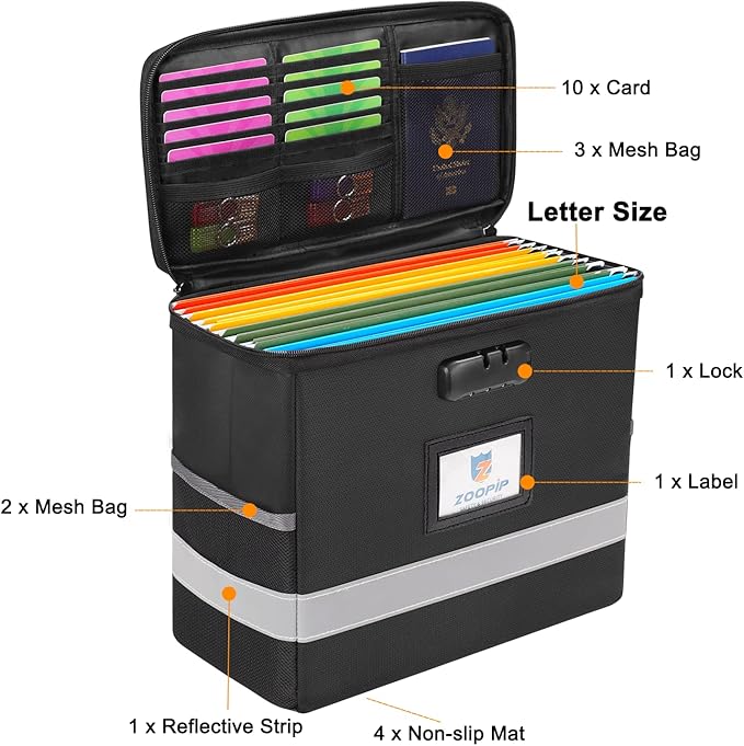 Fireproof File Box with Lock, Document Box Storage Organizer, Suitable for Hanging File Folders in Letter Size, Collapsible File Box, Reflective Strip for Fast Find (12.2"*6"*10.2 (Black, 2Pcs) - Image 3