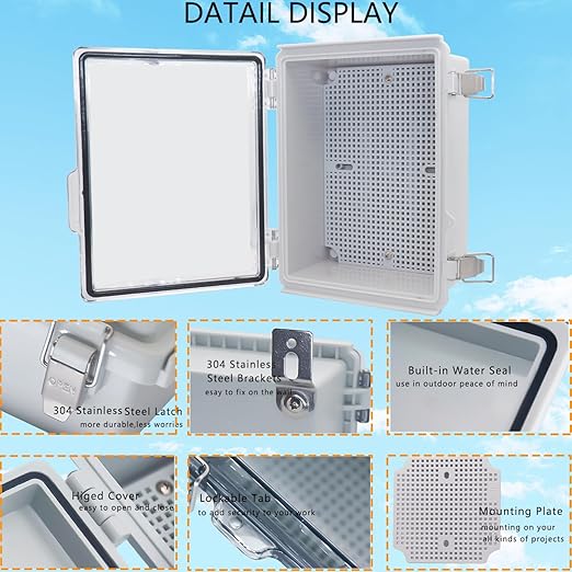 IP67Junction Box, ABS Plastic Outdoor Waterproof Box Electrical Enclosure with Stainless Steel Latch, Hinged Cover Electric Box with Mounting Plate 8.3"x6.3"x3.9" - Image 3