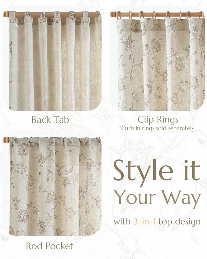 jinchan Linen Curtains Floral Curtain 84 Inch Length for Living Room Bedroom Light Filtering Rod Pocket Back Tab Jacobean Curtains Flax Linen Texture Window Drapes Set 2 Panels Taupe on Linen - Image 5