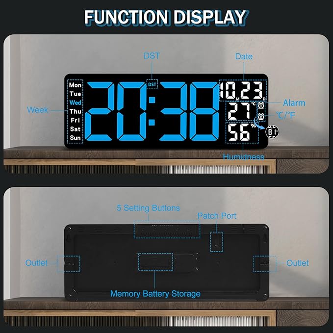 JoFomp 17.3" Large Digital Wall Clock, LED Digital Clock Large Display with Remote Control, Alarm Clock with Temp/DST/Dimmer/Humidity/Timer/Ambient Light - 12/24H, Alarm Wall Clock for Bedroom - Image 8