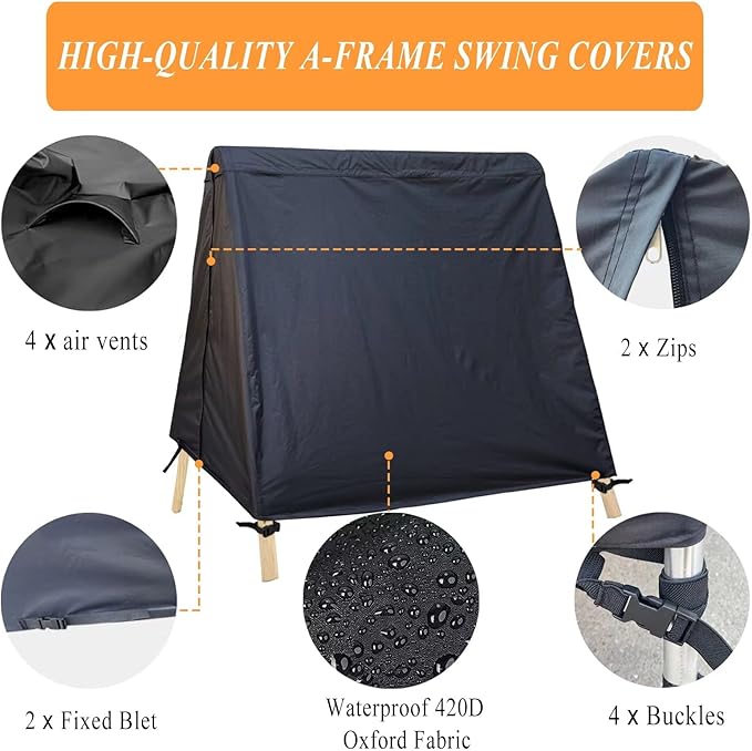 Patio Swing Cover A-Frame Swing Covers Waterproof 3 Seat UV Resistant Weather Protector for Outdoor Courtyard Patio Furniture Black - Image 3