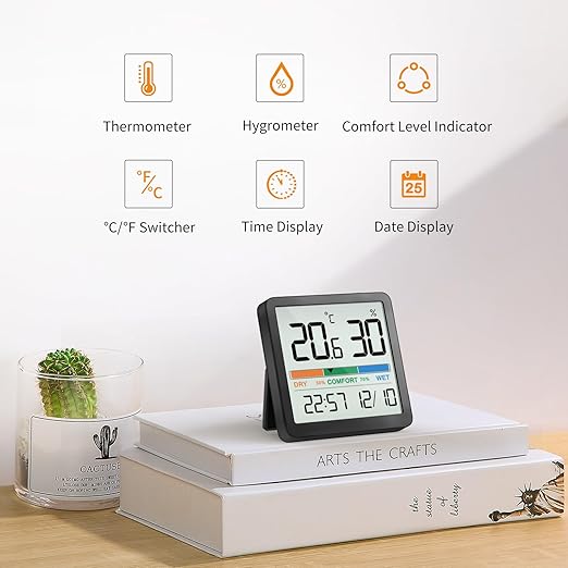 NOKLEAD Hygrometer Indoor Thermometer, Desktop Digital Thermometer with Temperature and Humidity Monitor, Accurate Humidity Gauge Room Thermometer with Clock (Black) - Image 2