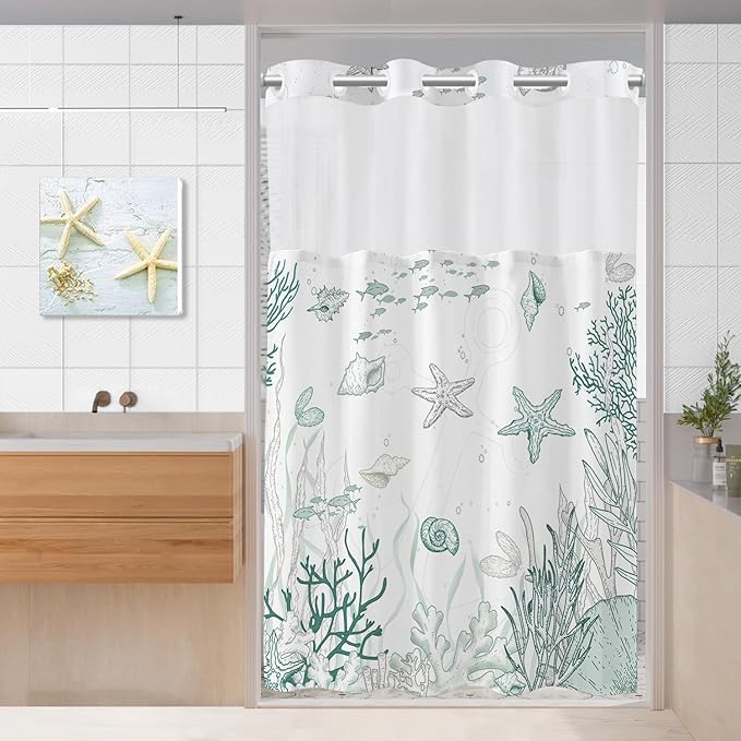 Stall No Hook Shower Curtain with Snap in Liner, Beach Ocean Nautical Coastal Shower Curtains and Liner Set for Bathroom, Seashell Fabric Bath Curtain, Waterproof Washable, Green 54" x 80" by TWLSNCD