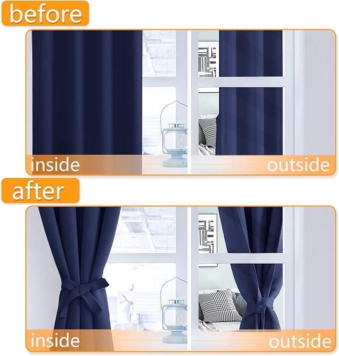 Hiasan Short Blackout Curtains for Bedroom - Thermal Insulated & Light Blocking Window Curtains for Living Room, 2 Drape Panels Sewn with Tiebacks, Navy Blue, 42 x 45 Inch - Image 5
