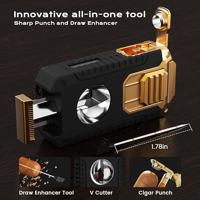 Travel Cigar Humidor Box set with Cigar Ashtray, Cigar Torch Lighter, Built-in V Cutter & Punch & Holder & Draw Enhancer Tool, Humidifier & Hygrometer, Portable Travel Cigar Case, Cigar Gifts for Men - Image 6