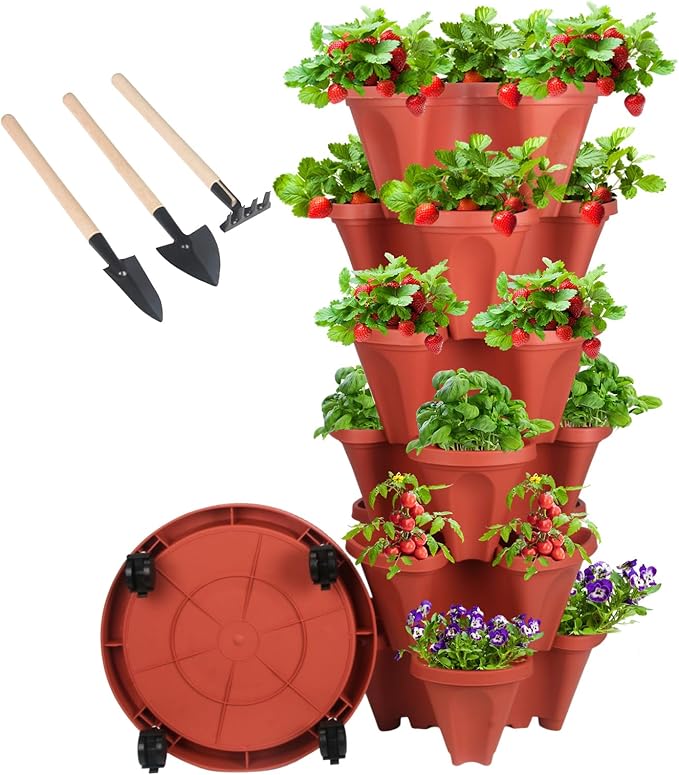 GameXcel Vertical Planter 6 Tier Stackable Planters Garden Planters Strawberry Herb Flower and Vegetable Planter Indoor Outdoor Gardening Pots with Removable Wheels and Tools by GameXcel
