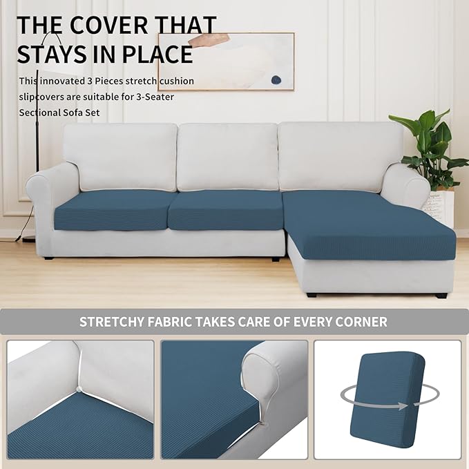 Easy-Going Stretch 3 Pieces Couch Cushion Covers for Sectional Sofa Left/Right L Shape Chaise Lounge Sofa Seat slipcover Anti-Slip Sofa Cover Soft (2 Seater + 1 Chaise, Bluestone) - Image 5