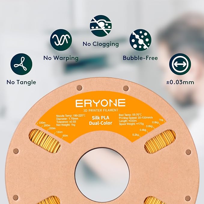 ERYONE Silk Dual Color PLA Filament 3D Printer 1.75mm +/- 0.03mm, Bicolor Filament Two Tone PLA 1KG(2.2lbs) Cardboard Spool, Gold Silver - Image 4