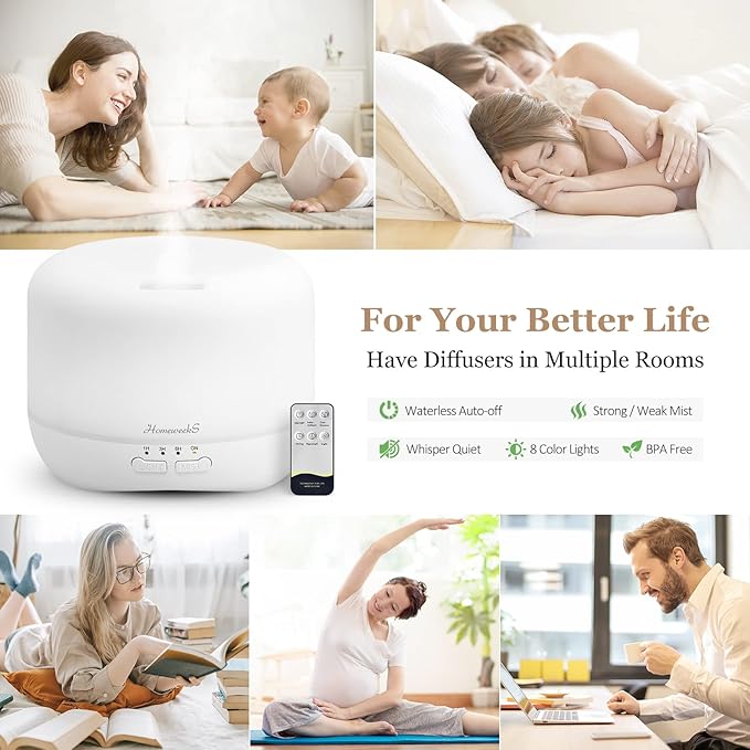 Aromatherapy Essential Oil Diffuser for Room: 500ml Colorful Aroma Air Humidifier with Adjustable Cool Mist Mode, Waterless Auto Off Ultrasonic Diffusers for Large Room Home Office(White) - Image 2