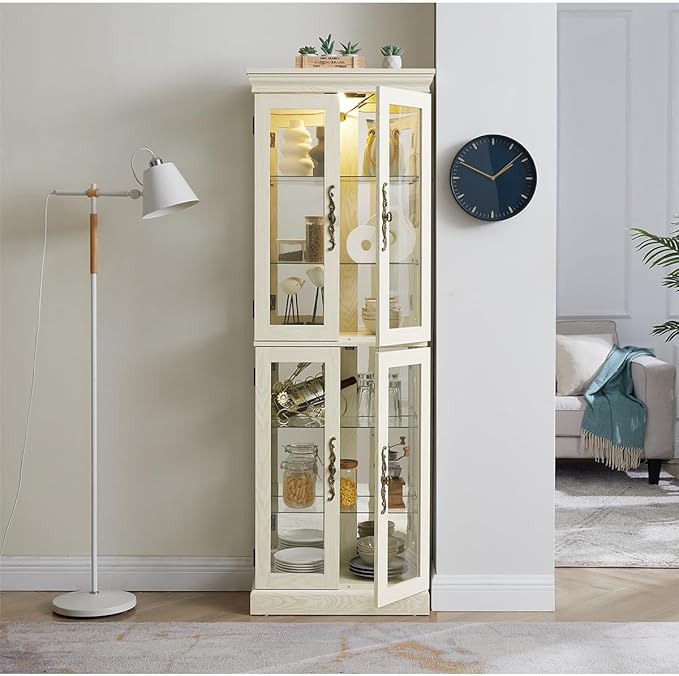 Lighted Glass Curio Cabinet with Lights & Adjustable Shelves,White Corner Curio Display Cabinet with Wood Frame (Free Standing,Light Bulb Include) - Image 6