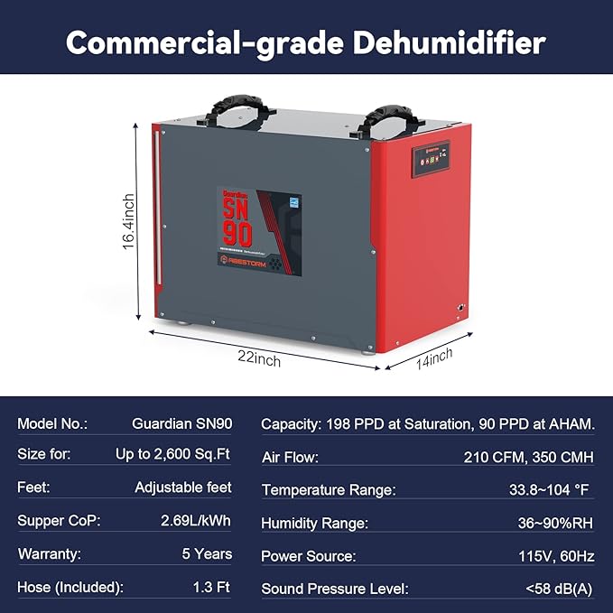 ABESTORM Crawl Space Dehumidifier, Energy Star 198 Pint Commercial Dehumidifier with Drain Hose for Basement, Crawlspace, Whole House, Portable, Auto Defrosting, Memory Retarting - Image 6