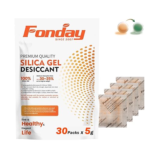5g x 30 packs Fonday Rechargeable Silica Gel Desiccant Packets Food Grade Fast Reactivate Desiccant Bags Moisture Indicating Orange to Green by Fonday