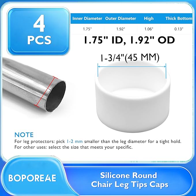 4 Pcs 1-3/4" (45 mm) Round Chair Leg Tips Caps, Silicone Rubber Furniture Leg Floor Protectors, Reduce Noise Folding Metal Chair Leg Cap Replacement for Bar Stool Leg Patio Indoor, White - Image 9