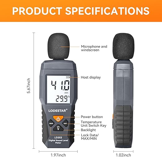 LODESTAR LD353 Decibel Meter, Digital Sound Level Meter 30 – 130 dBA dB Meter to Measure Noise, Audio Noise Measure Device Backlight MAX/MIN, Data Hold Dual Ranges Use for Home Factory - Image 2