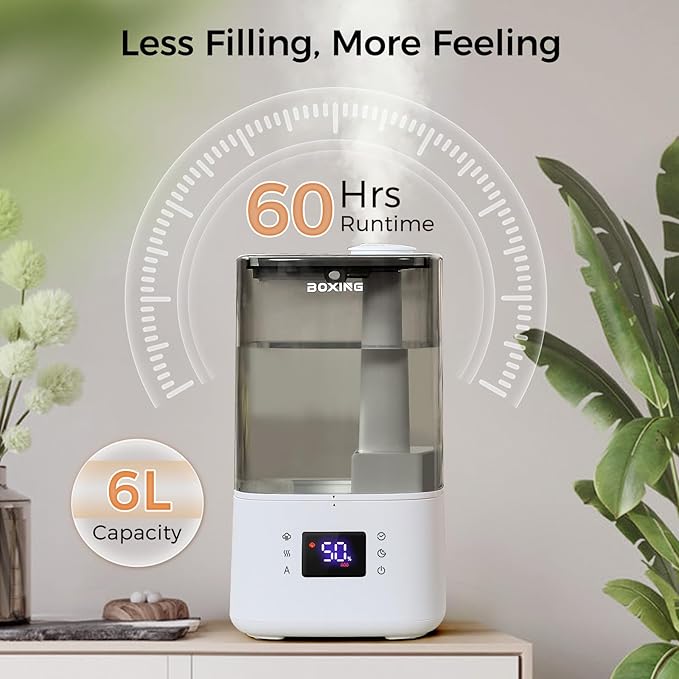 BOXING 6L Warm & Cool Mist Humidifiers for Bedroom, Air Humidfier for Large Room with Remote Control, Auto Mode Perfect for Baby & Plants, Top Fill, Sleep Mode, Timer, Essential Oil Tray, 60H - Image 4