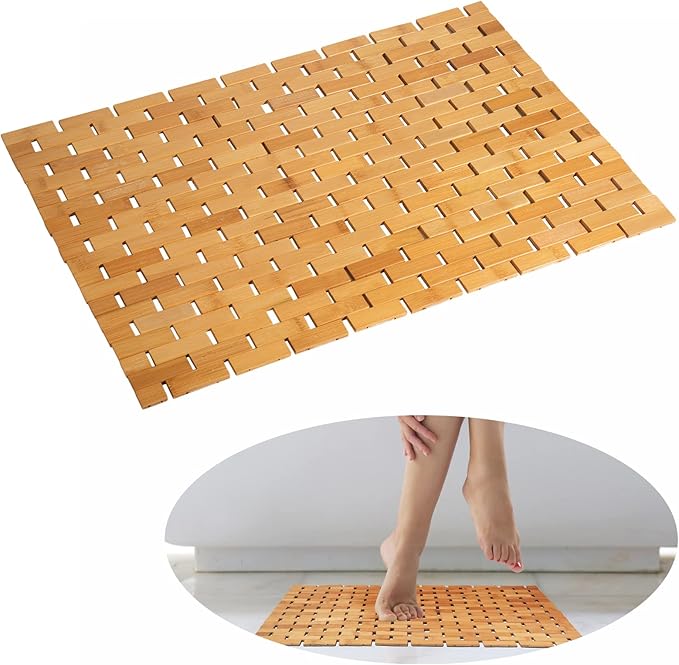 Bamboo Bath Mat Bathroom Rugs Floor Wood Shower Bathtub Waterproof Non Slip Accessories 16x24 Inch Easy to Clean, Natural, 1 pc by Fovlaurs