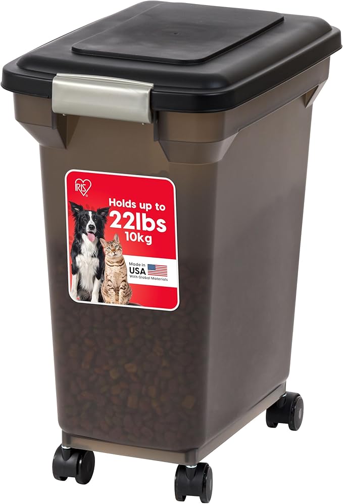 IRIS USA 22 Lbs / 28 Qt WeatherPro Airtight Pet Food Storage Container with Attachable Casters, For Dog Cat Bird and Other Pet Food Storage Bin, Keep Fresh, Easy Mobility, BPA Free, Smoke by IRISUSA