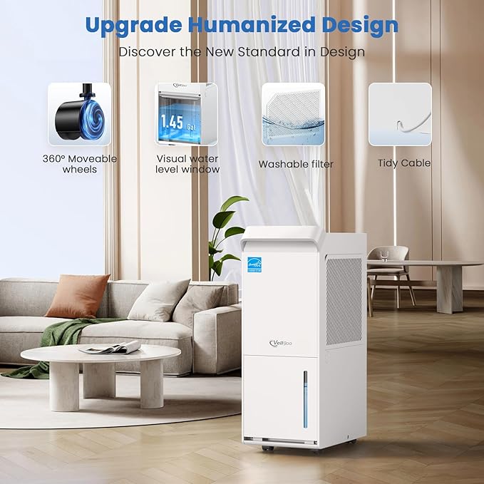 2000 Sq.Ft Most Efficient Energy Star 2025 Dehumidifier,Vellgoo 25 Pint/D Dehumidifier for basement with Drain Hose, Intelligent Humidity Control for Home,Bedroom, Bathroom - Image 6