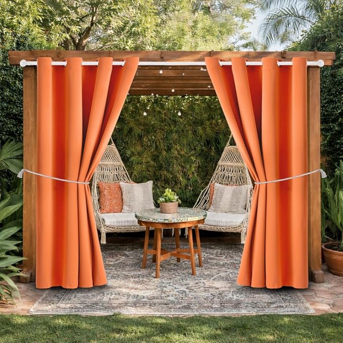 Waterproof Outdoor Curtain W52 x L63 - Grommet Top Sunlight Blocking Window Treatment Drapes Blackout Curtains for Home Bedroom Living Room Outdoor Patio Porch Pergola (Orange, 2 Panels) by DivaenCamino