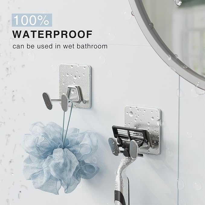 Shower Hooks for Inside Shower - Extra Sticky Stainless, Razor Holder Accessories, Wall Mounted Self-Adhesive Double Hooks for Razor, Loofah, Towel, Shaver, Coat, Key, Silver 6 Pack - Image 6