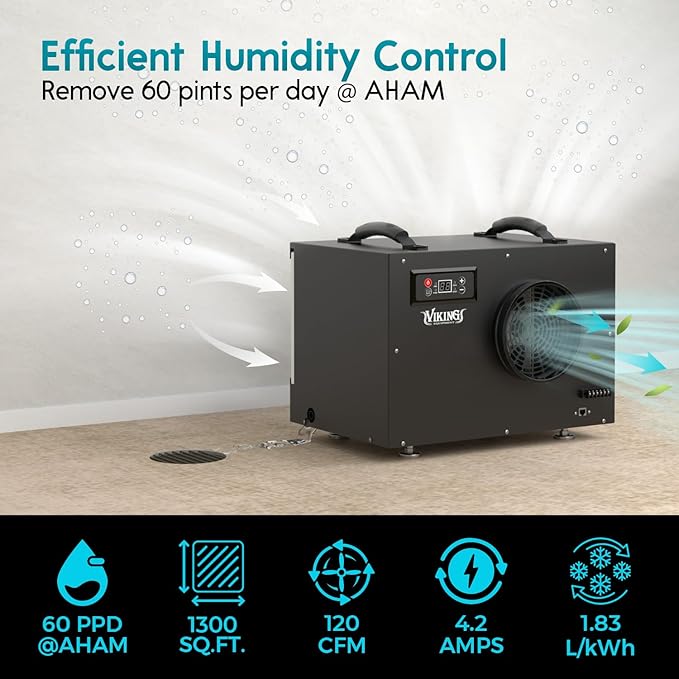 Viking BD-65 Commercial Dehumidifier, R32 Refrigerant, 65 PPD @ AHAM with Pump, 1300 Sq Ft for Basement, Warehouse, Crawl Space, Construction, Water Damage Restoration, Garage, Optional Remote Control - Image 2