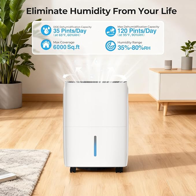 COWSAR 80 Pints Energy Saving Dehumidifier for Home & Basement with Drain Hose, Front LED Display and 4L Water Tank, Ideal for Spaces up to 4500 Sq. Ft., Featuring Auto Defrost,3 Modes, 24H Timer - Image 2