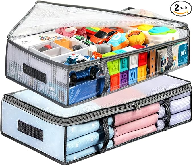 2 Pack Under Bed Storage Containers Bins, Humid-Proof Plastic Underbed Storage Bins, Clothes Storage and Organization Bags, Under the Bed Blanket Storage with Handles for Clothes, Bedroom, 70L by MakeLifeBetterEasier
